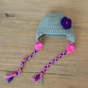 Crochet Baby Hat With Flower, Gray, Pink , Purple